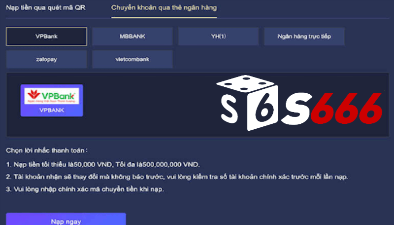 Các phương thức nạp tiền phổ biến tại s666